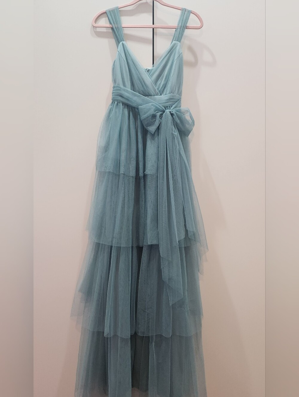 Ever Pretty Dusty Blue Tiered Tulle Large Bow Maxi Gown Dress Size M 6 - Picture 7 of 8